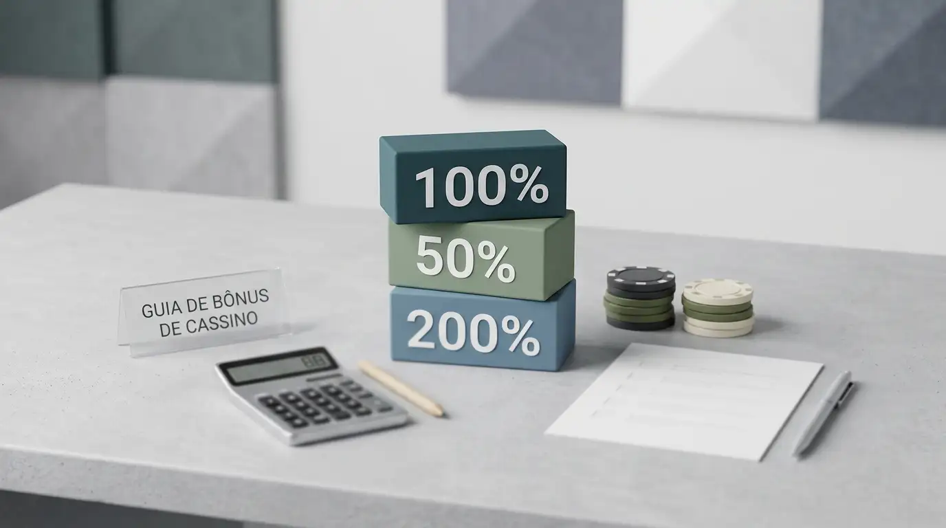 Blocos percentuais abstratos, fichas neutras e uma lista de condições de bónus sem marcas