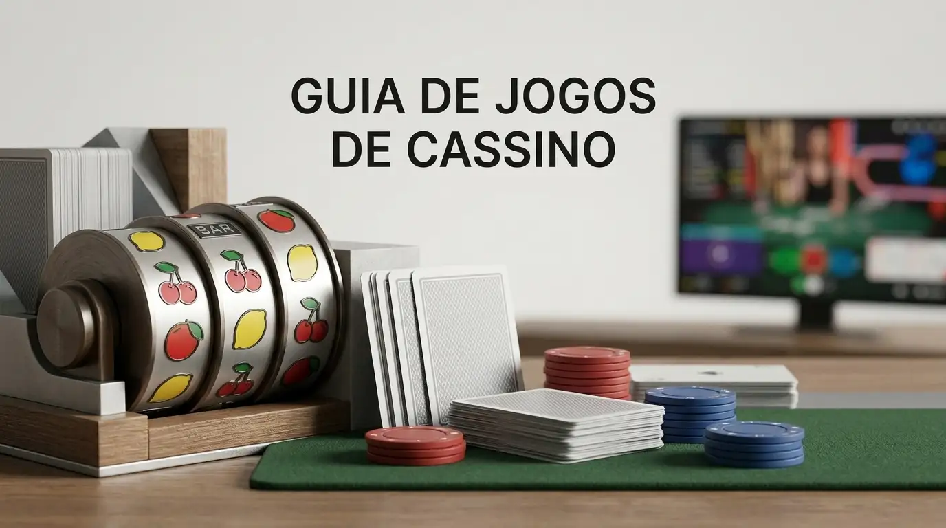 Mesa de jogo abstrata, rolos de slot estilizados e ecrã de live casino sem marcas