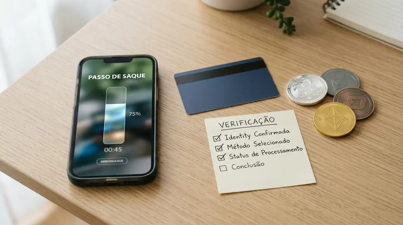 Telemóvel com fluxo abstrato de levantamento, cartão bancário e elementos de verificação numa secretária