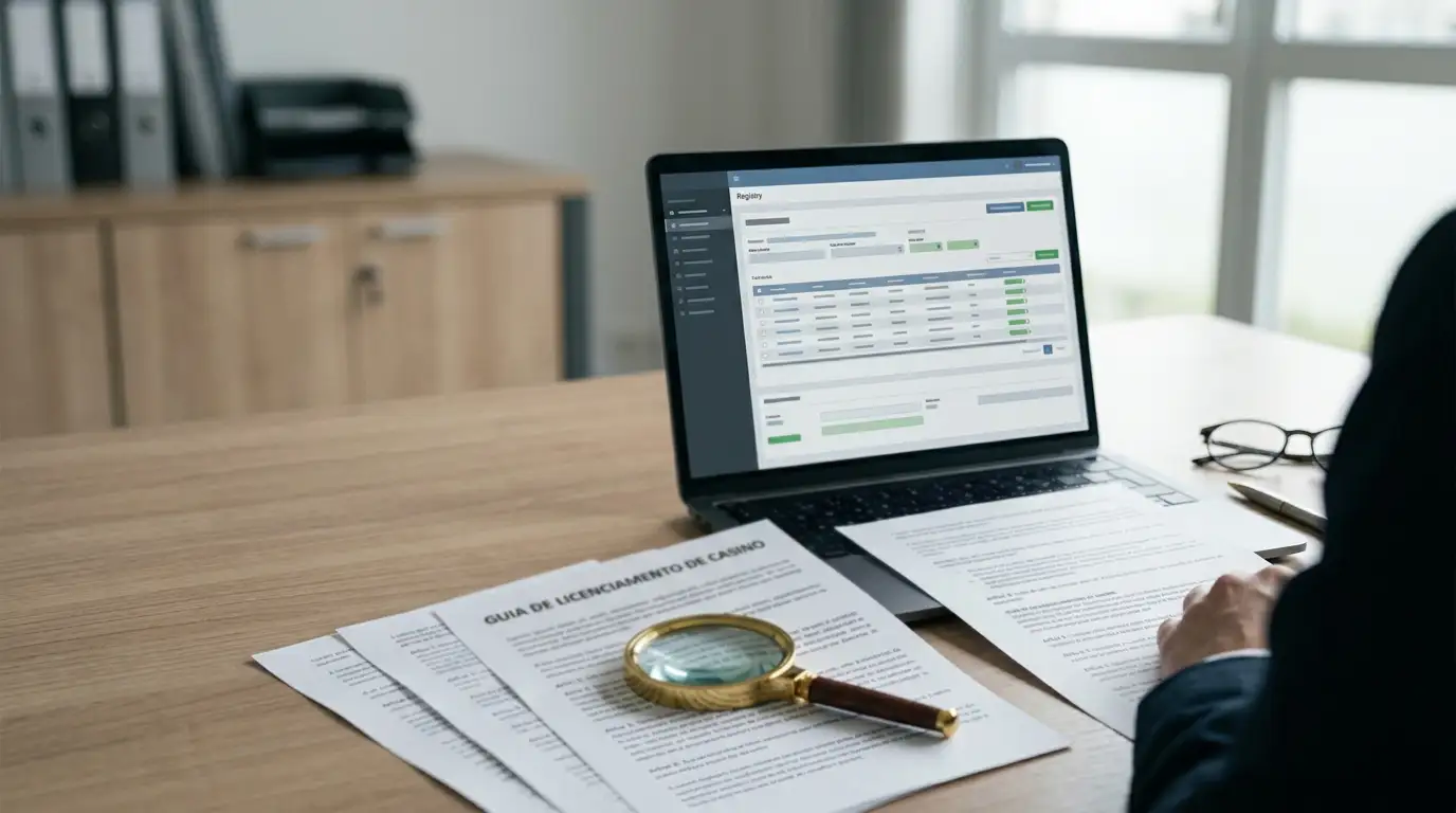 Documentos de licença e uma lupa sobre uma secretária de trabalho