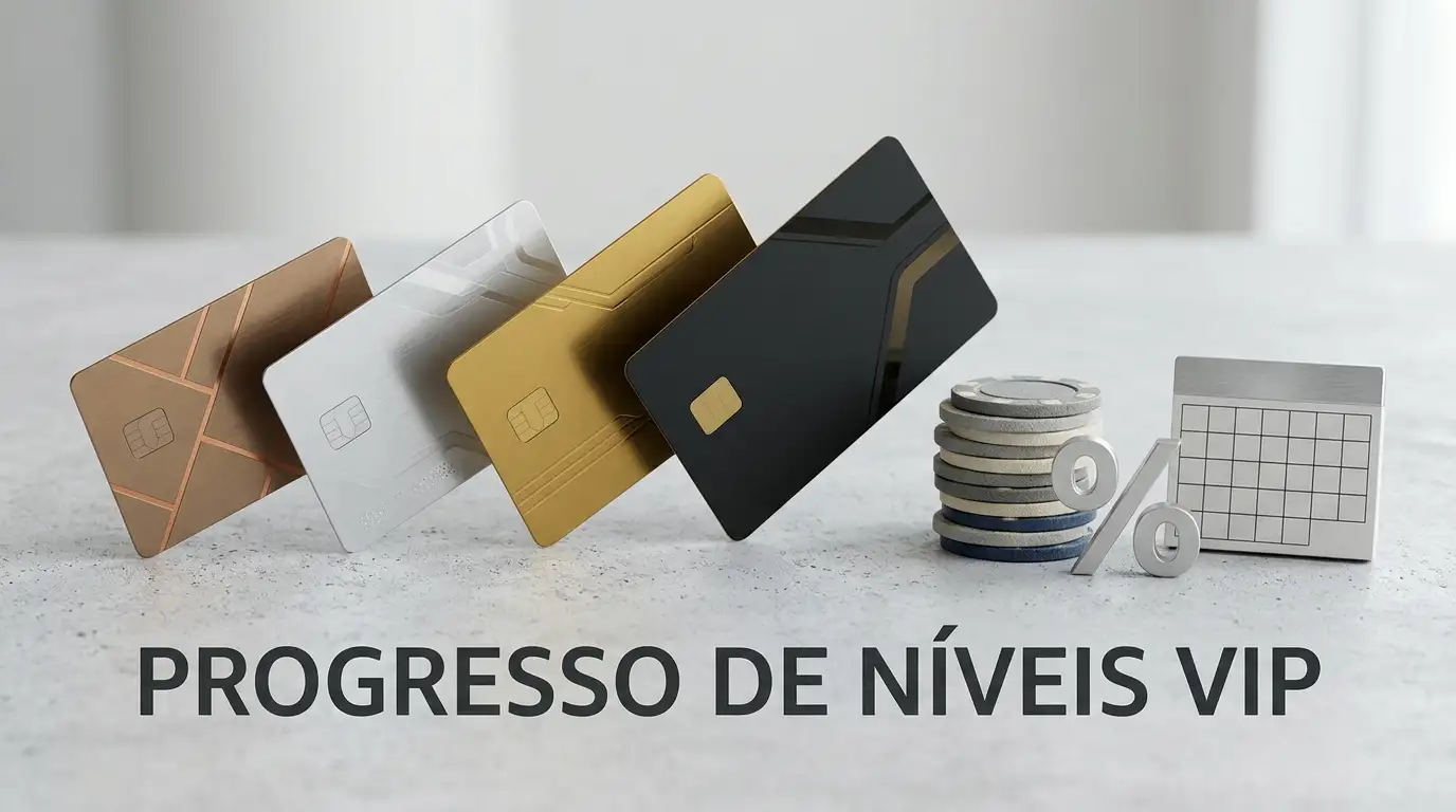 Quatro cartões abstratos em progressão com fichas neutras e símbolo percentual sem marcas